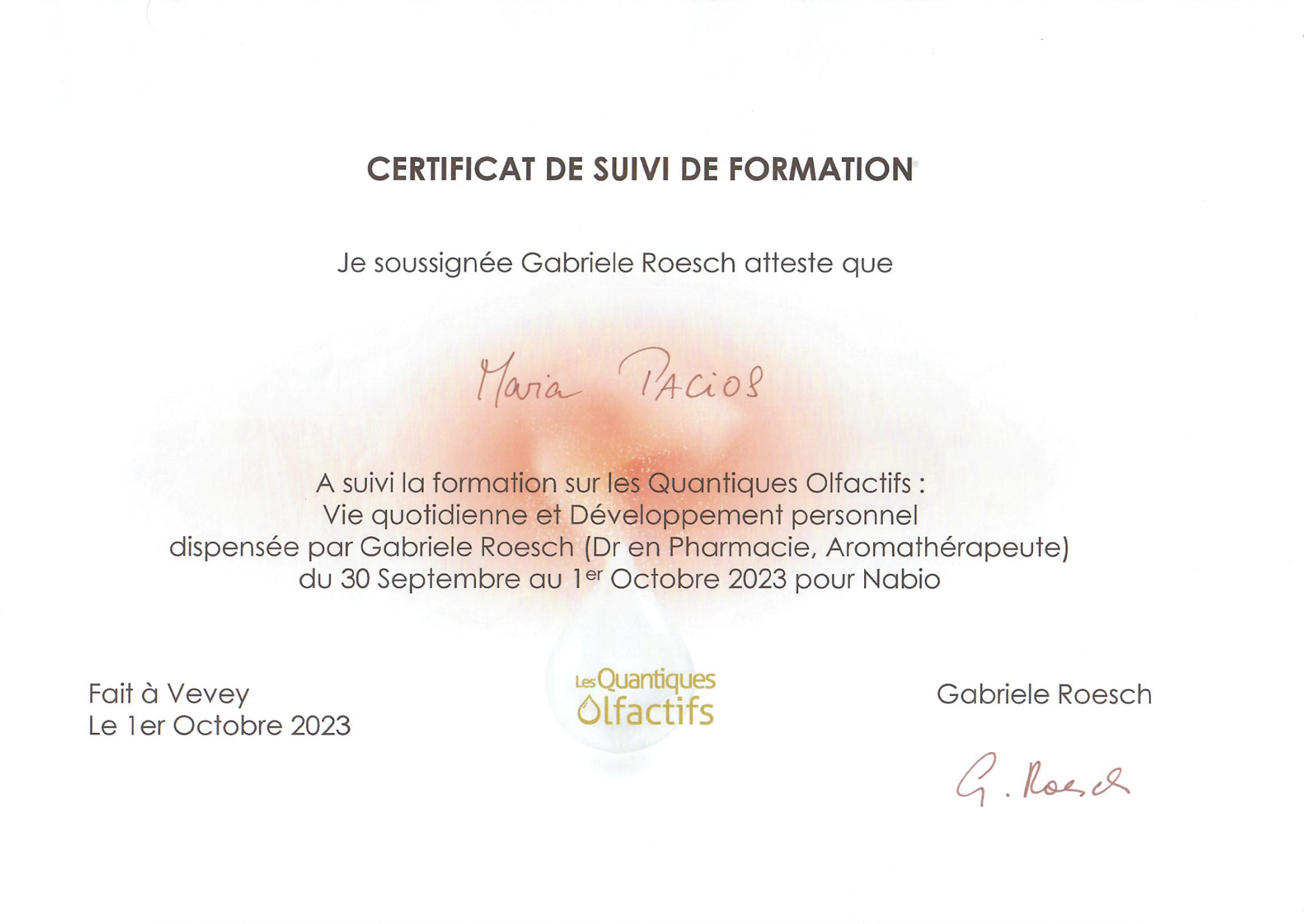 Certificat-Olfacto_douceur-de-lune diplome fleurs de bach, thérapeute florale, florithérapeute, florithérapie, thérapie florale