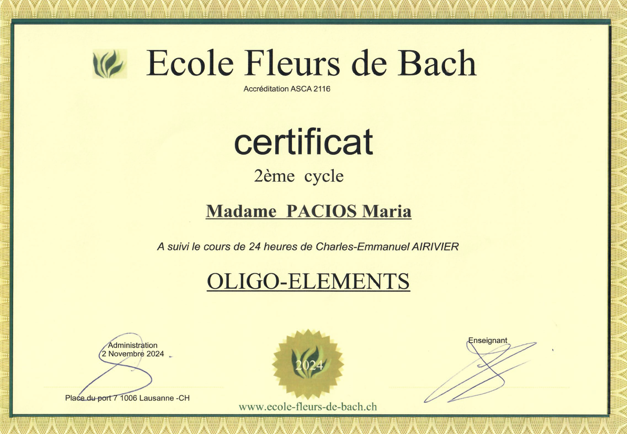 Certificat-oligo_douceur-de-lune diplome fleurs de bach, thérapeute florale, florithérapeute, florithérapie, thérapie florale